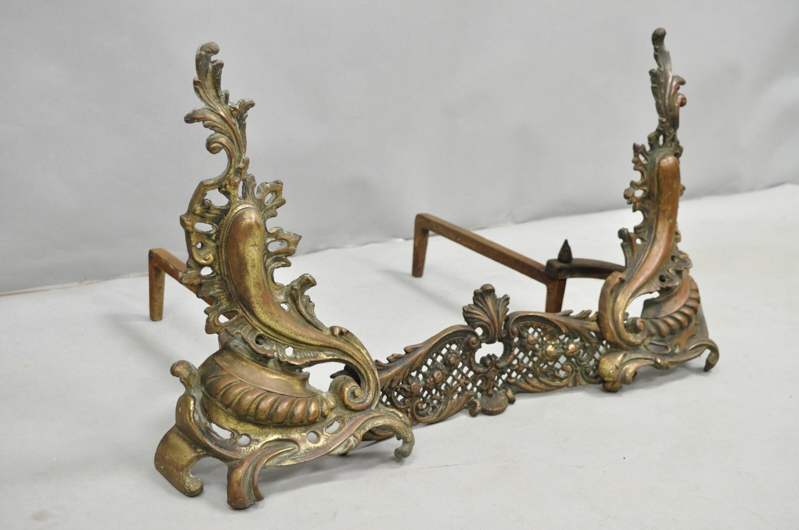 Antique French Louis XV Patinated Brass Bronze Small Fireplace Andirons & Fender