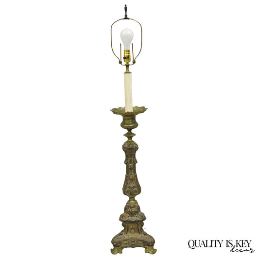 Antique French Renaissance Figural Brass Repousse Tall Candlestick Table Lamp