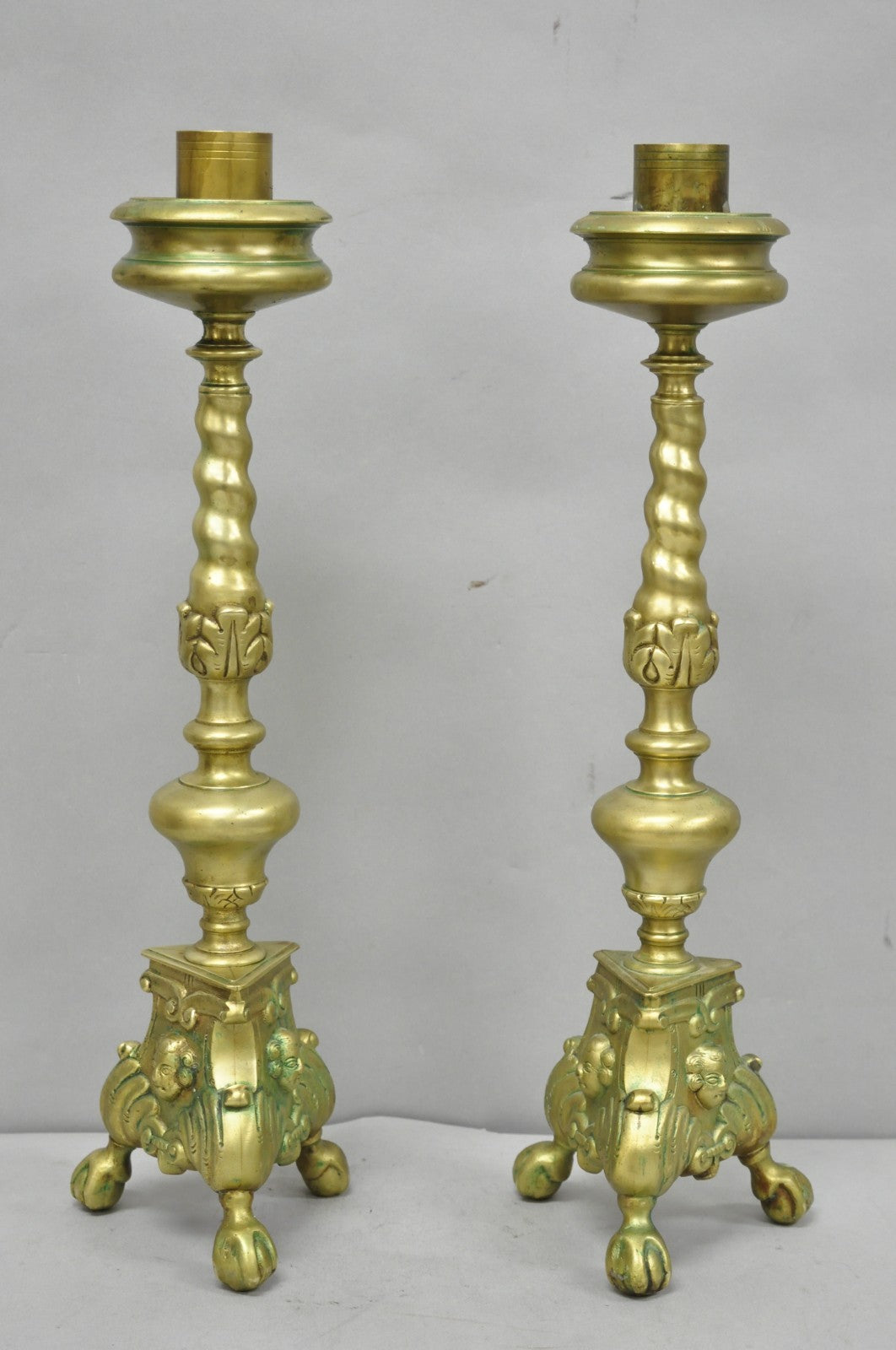Vintage French Renaissance Brass Figural Candlestick Pricket Candleholder a Pair