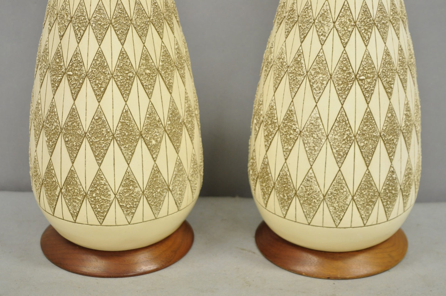 Vintage Mid Century Modern Sculpted Ceramic Pottery & Walnut Table Lamps - Pair