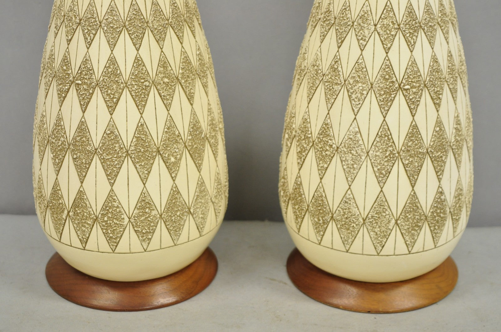 Vintage Mid Century Modern Sculpted Ceramic Pottery & Walnut Table Lamps - Pair