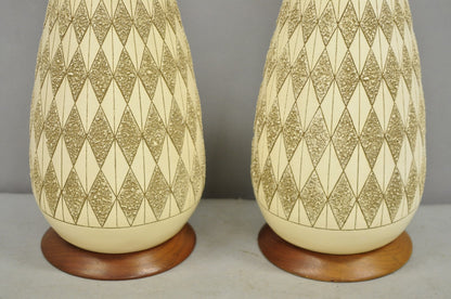 Vintage Mid Century Modern Sculpted Ceramic Pottery & Walnut Table Lamps - Pair