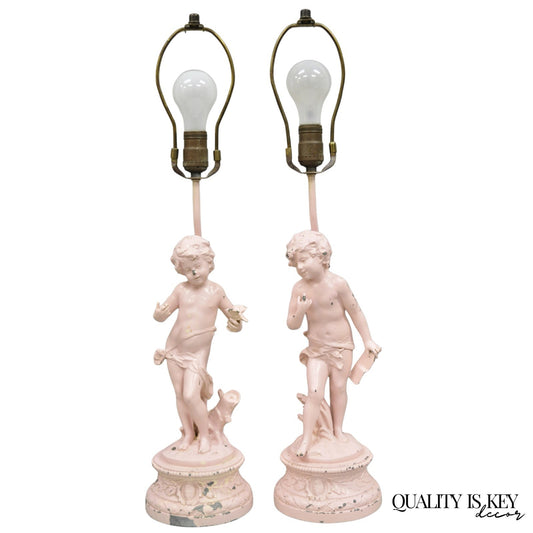 Antique French Renaissance Figural Spelter Metal Figural Cherub Table Lamps Pair