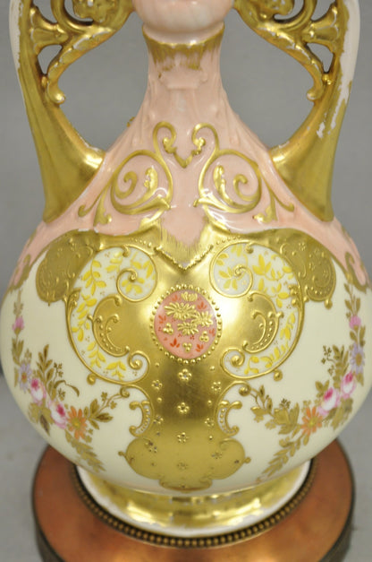 Antique Victorian Austrian Porcelain Pink Gold Gilt Small Boudoir Table Lamp