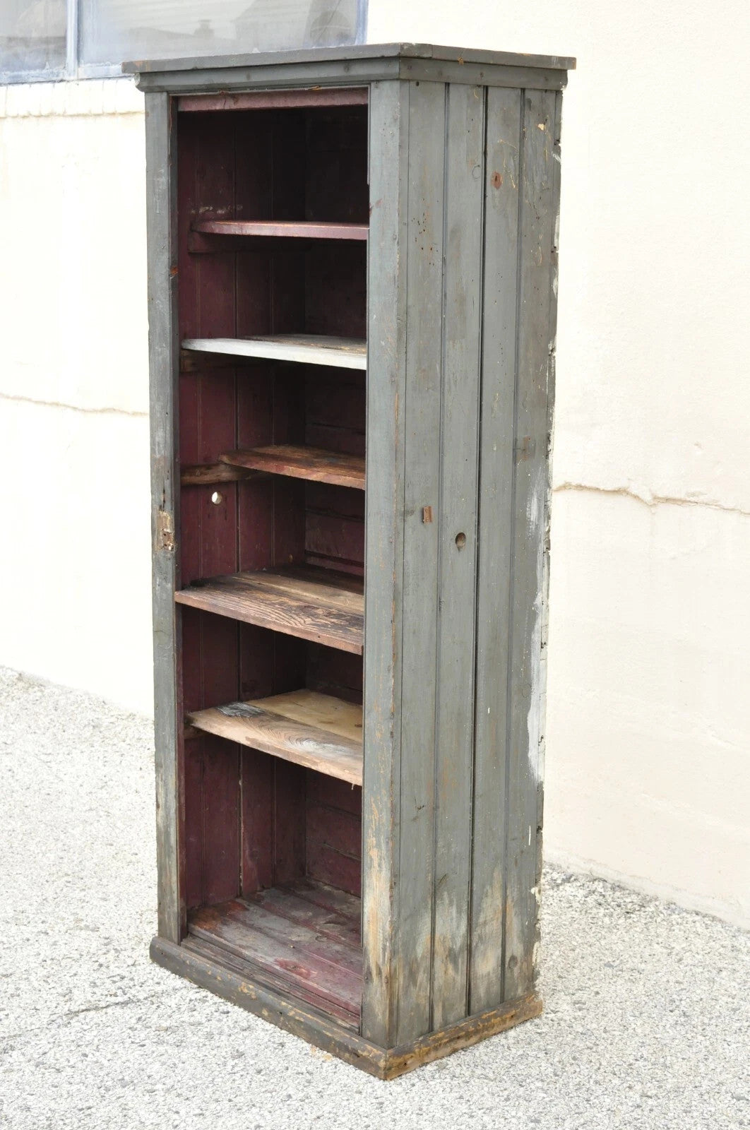 Antique American Primitive Blue Green Distress Painted Bookcase Cupboard Cabinet