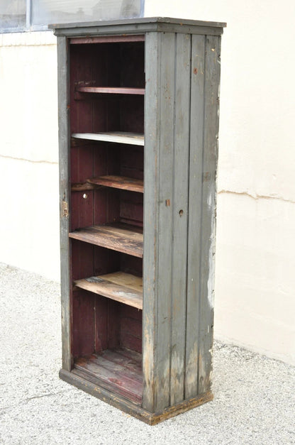 Antique American Primitive Blue Green Distress Painted Bookcase Cupboard Cabinet