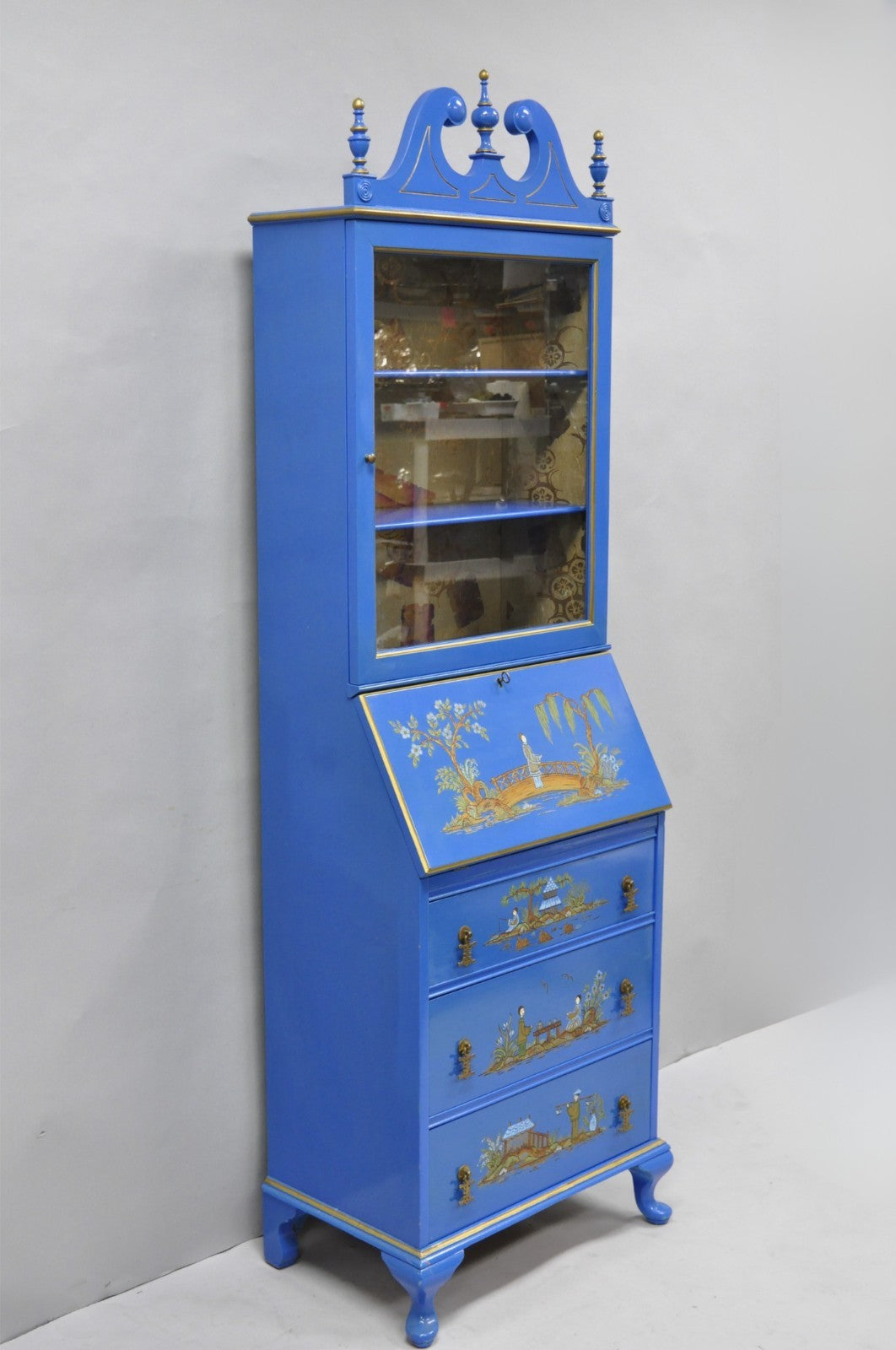 Vintage Chinoiserie Blue Hand Painted Gold Gilt Narrow Bookcase Secretary Desk