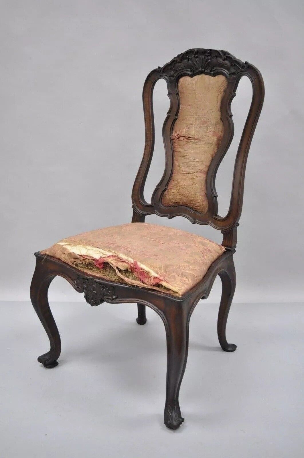 Antique Italian Baroque Carved Walnut Dining Chair French Style w/ Finished Back