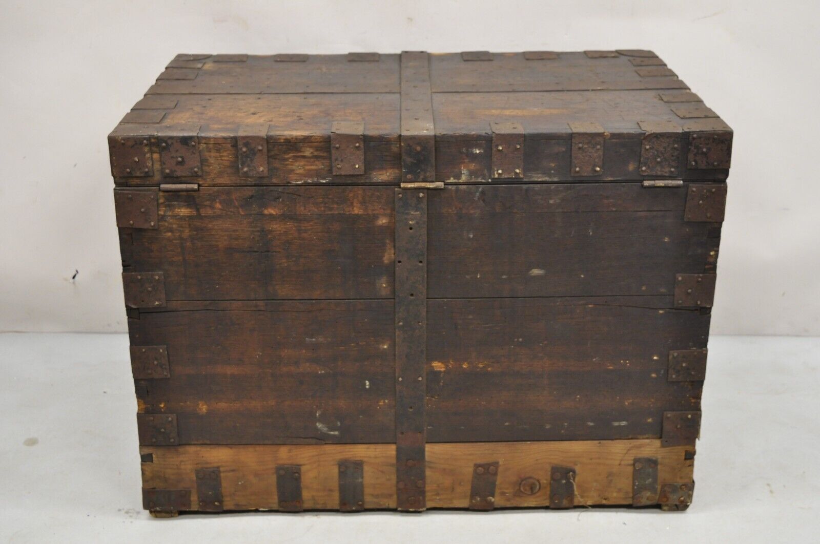 19th C. English Oak Wood and Steel Banded Safe Storage Cabinet Chest Trunk