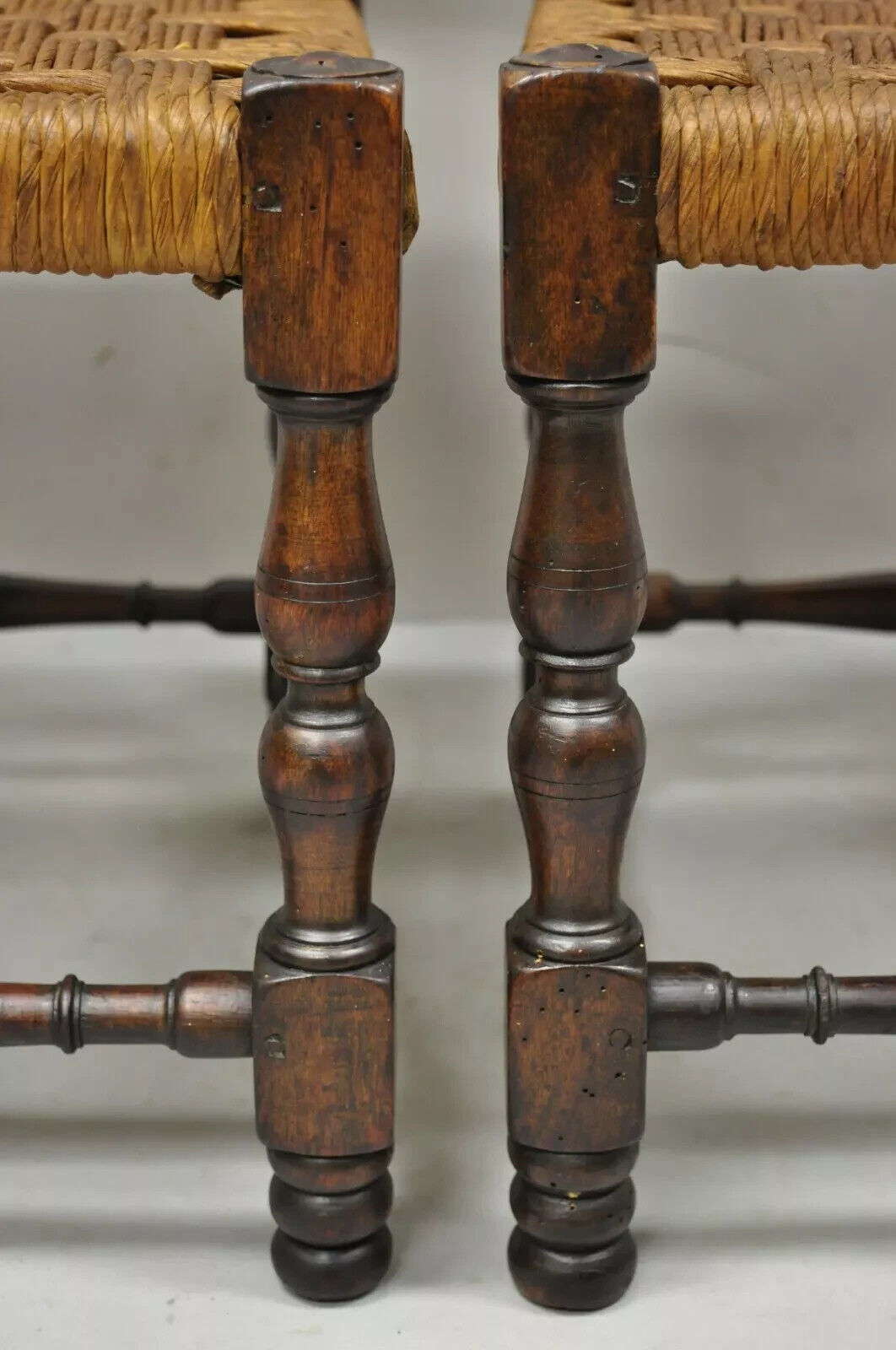 Antique Henry II Walnut Rush Seat Small Children's Child Side Chairs - a Pair