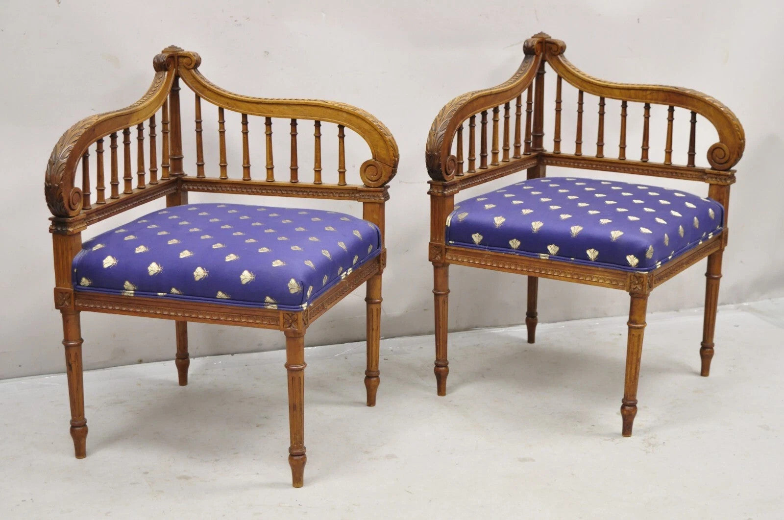 Antique French Louis XVI Style Carved Walnut Lyre Harp Corner Lounge Chair Pair