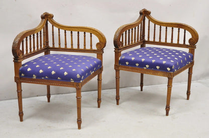 Antique French Louis XVI Style Carved Walnut Lyre Harp Corner Lounge Chair Pair