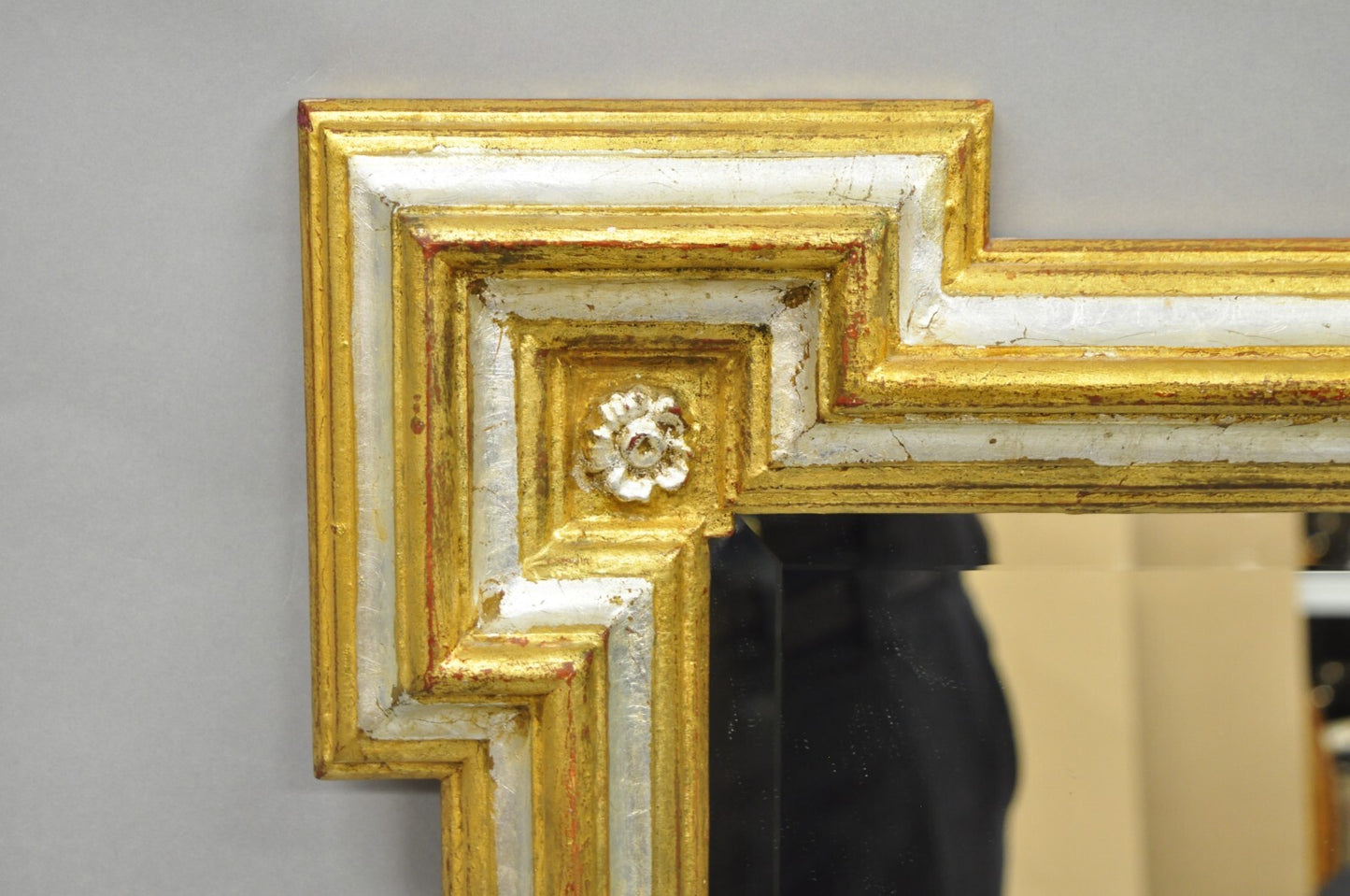 Vintage Italian Regency Silver & Gold Gilt Wood Frame Beveled Glass Wall Mirror