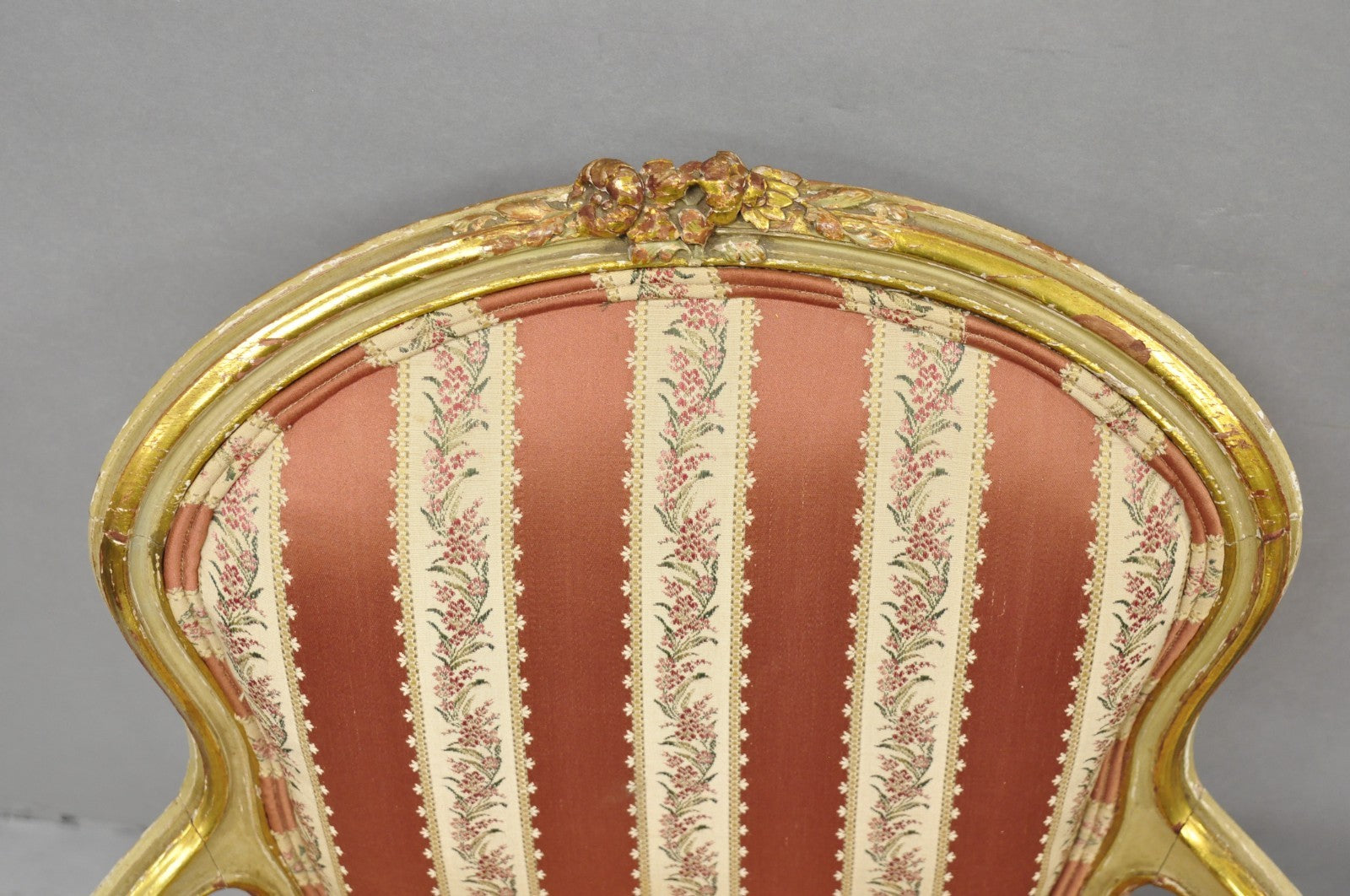 Antique French Louis XV Style Gold Giltwood Pink Stripe Fauteuil Arm Chair, Pair