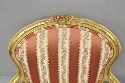 Antique French Louis XV Style Gold Giltwood Pink Stripe Fauteuil Arm Chair, Pair