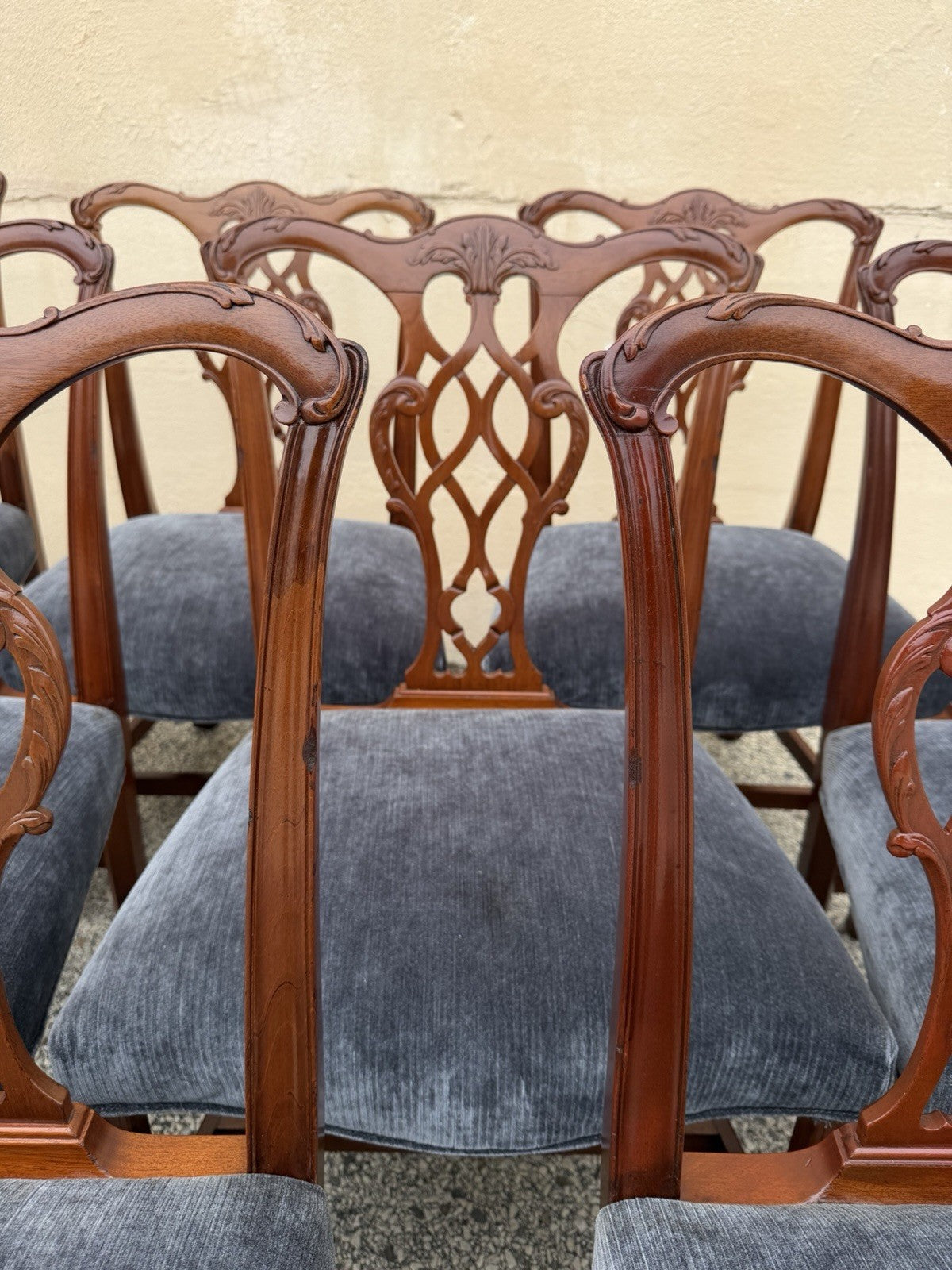 Antique Chippendale Style Mahogany Carved Fretwork Dining Chairs - Set of 10