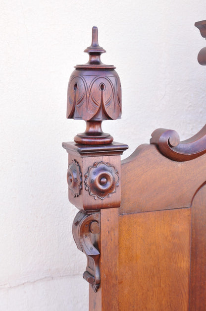 Antique Eastlake Victorian Stately Carved Walnut Highback Full Size Bed Frame