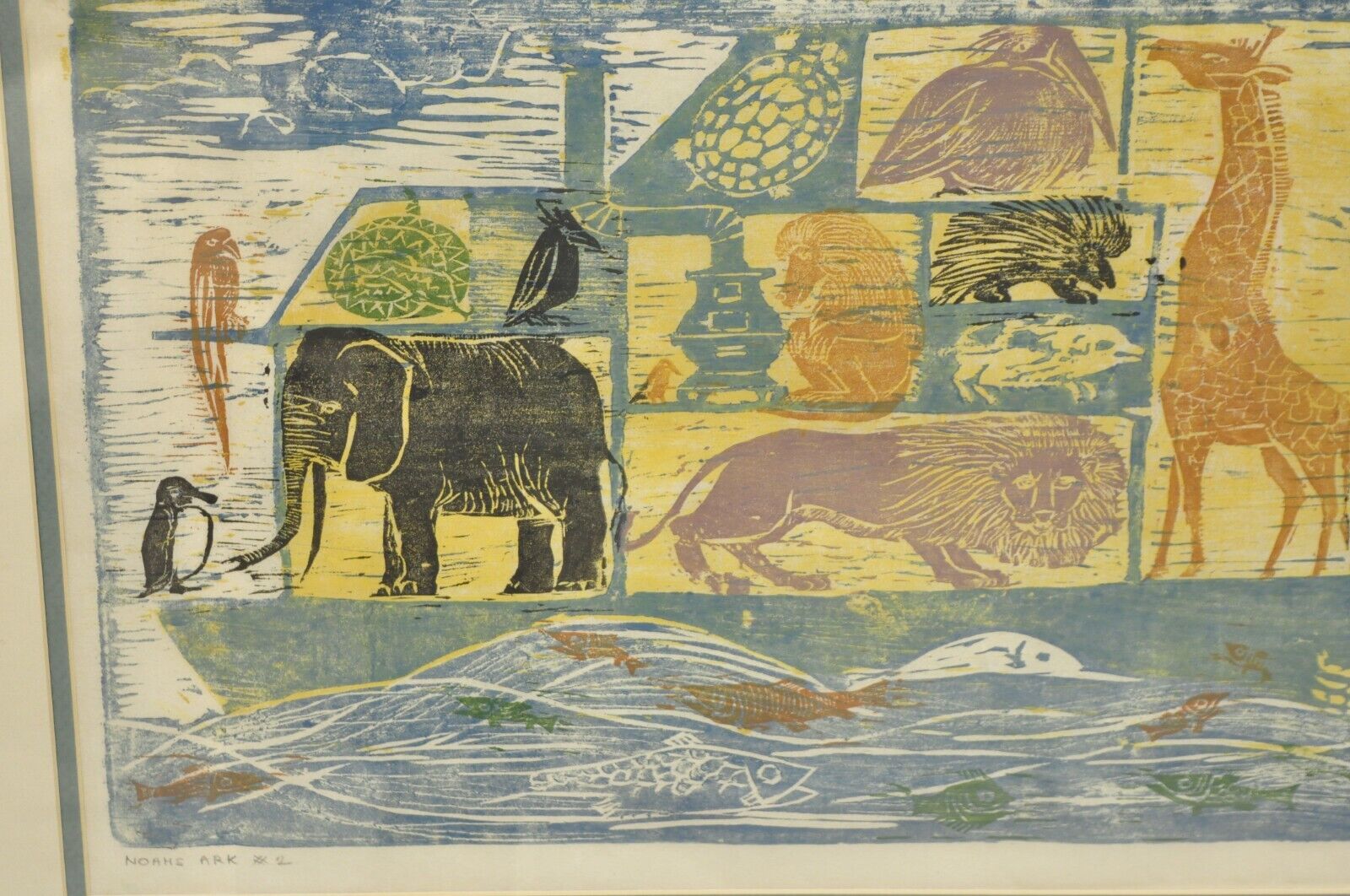 Vintage Helen Siegl "Noah's Ark" 1958 Woodcut Print Framed Mid Century Art