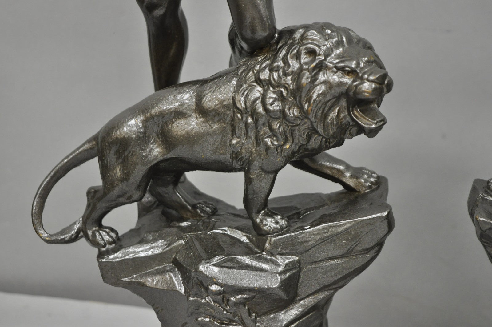 Antique French Renaissance "Le Force & Le Pouvoir" Spelter Metal Sculpture Pair