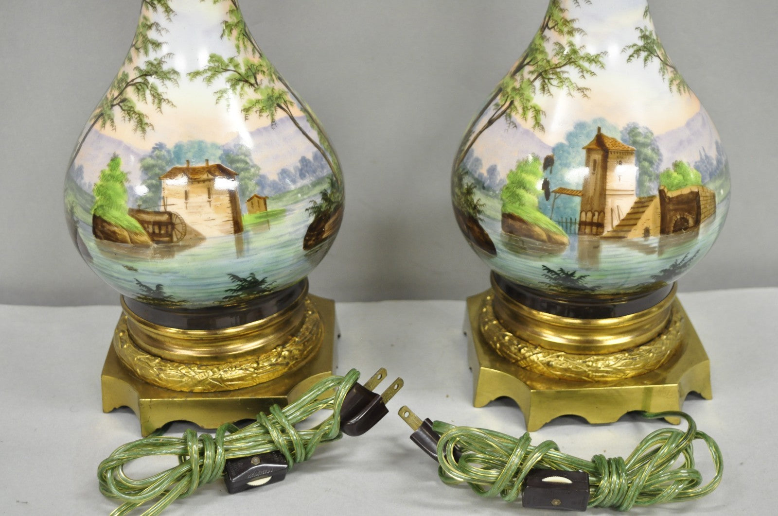 Antique French Napolean III Hand Painted Porcelain Oil Lamp Table Lamps - a Pair