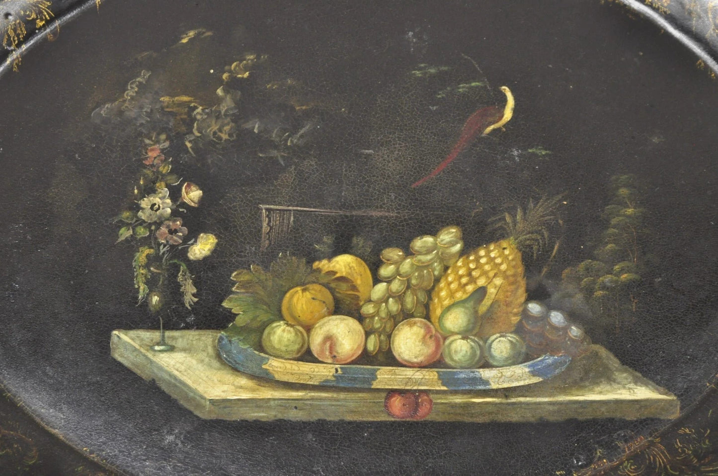 Antique French Papier Mache Tole Hand Painted Fruit Still Life and Bird Tray