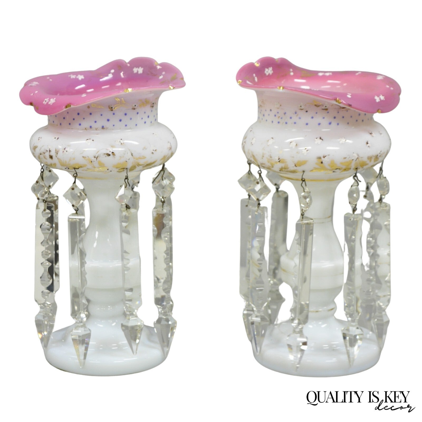 Antique Czech Victorian Bohemian Pink White Mantel Lusters Lustres - a Pair