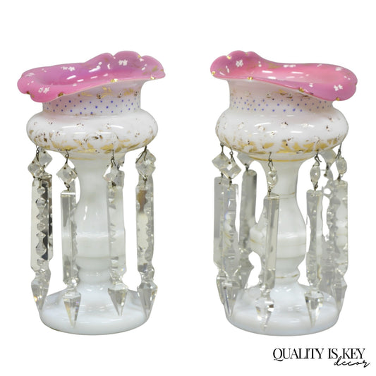 Antique Czech Victorian Bohemian Pink White Mantel Lusters Lustres - a Pair