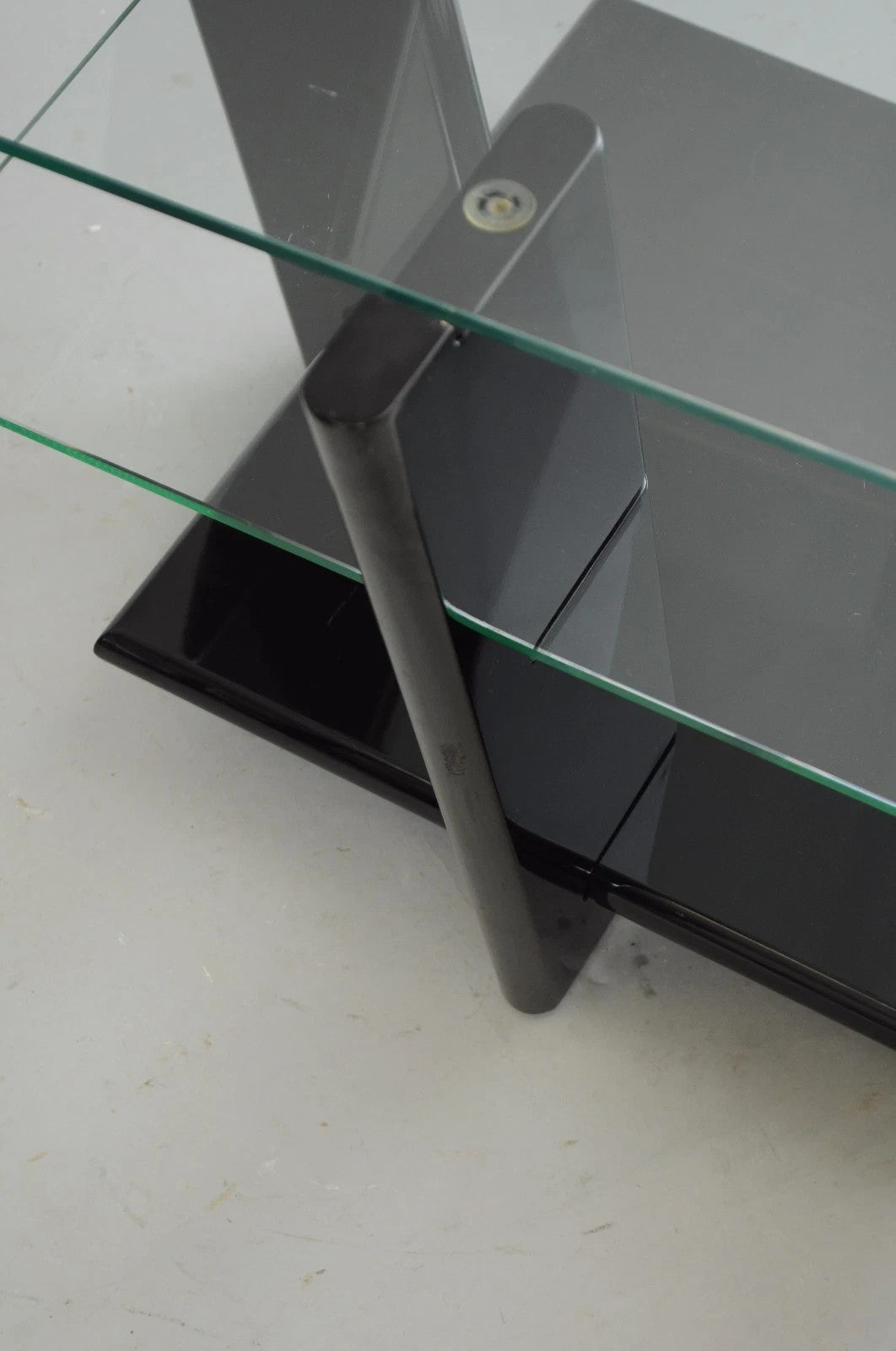 Contemporary Modern Black Lacquer & Glass 3 Tier Space Age End Tables - a Pair