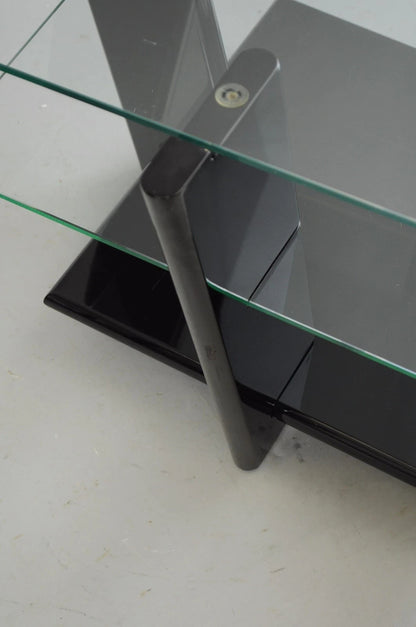 Contemporary Modern Black Lacquer & Glass 3 Tier Space Age End Tables - a Pair