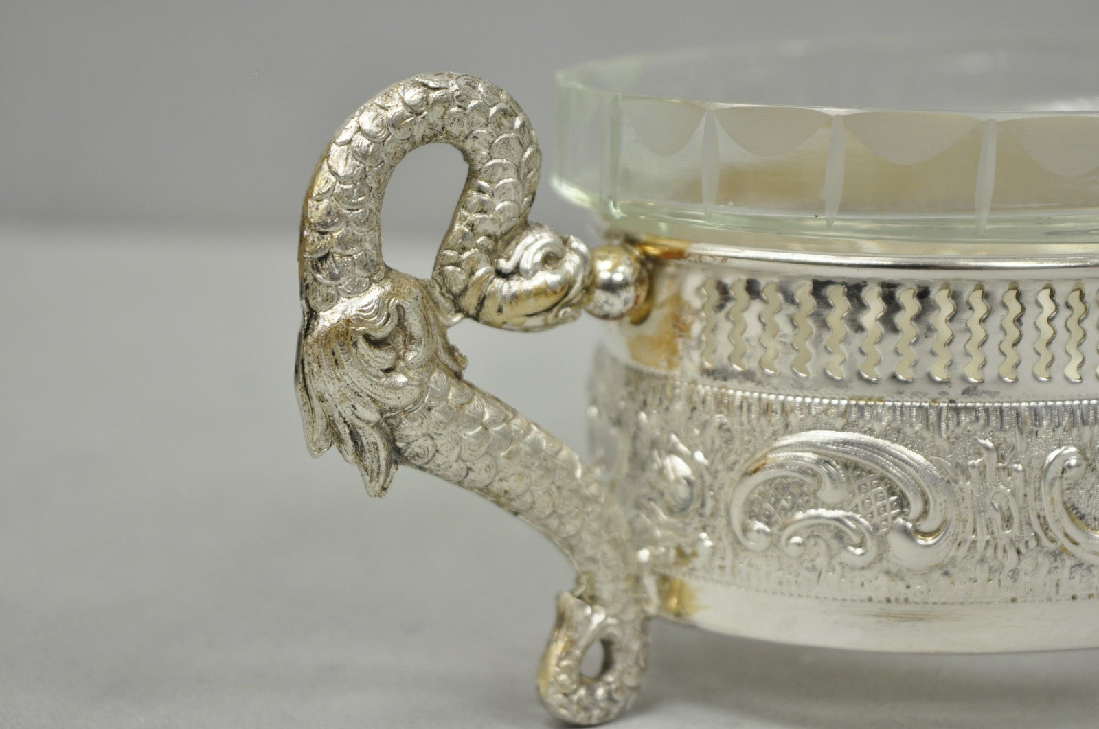 Vintage Italian Regency Silver Plated Dolphin Handle Glass Candy Dish Jardiniere