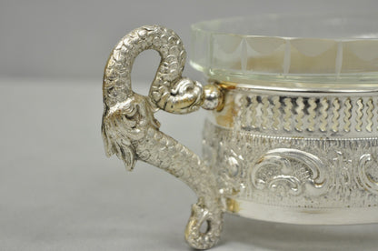 Vintage Italian Regency Silver Plated Dolphin Handle Glass Candy Dish Jardiniere