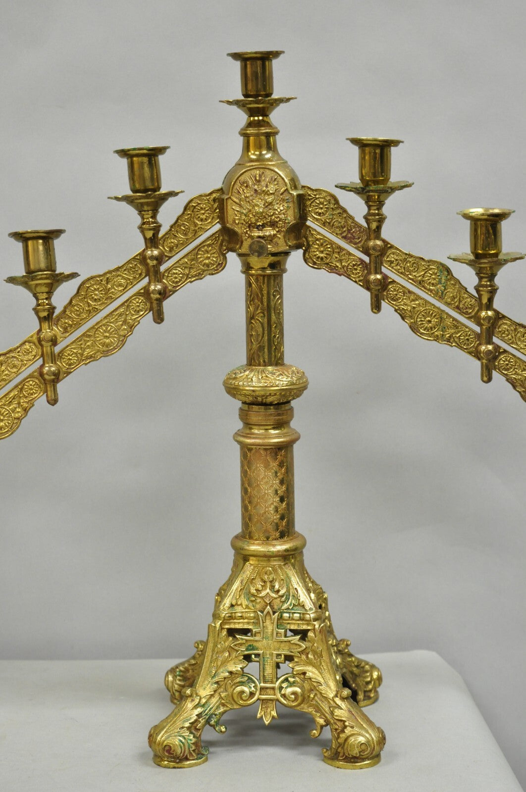 Antique French Renaissance Gothic Bronze 7 Arm Adjustable Candelabras - a Pair