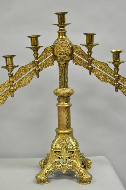 Antique French Renaissance Gothic Bronze 7 Arm Adjustable Candelabras - a Pair