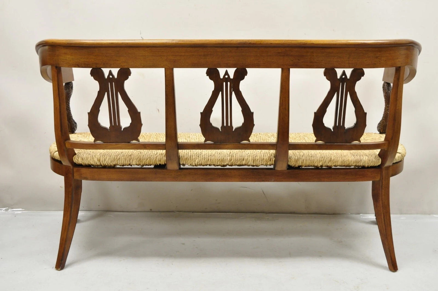 Vintage Italian Neoclassical Cherry Wood Dolphin Lyre Carved Rush Seat Bench