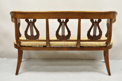 Vintage Italian Neoclassical Cherry Wood Dolphin Lyre Carved Rush Seat Bench