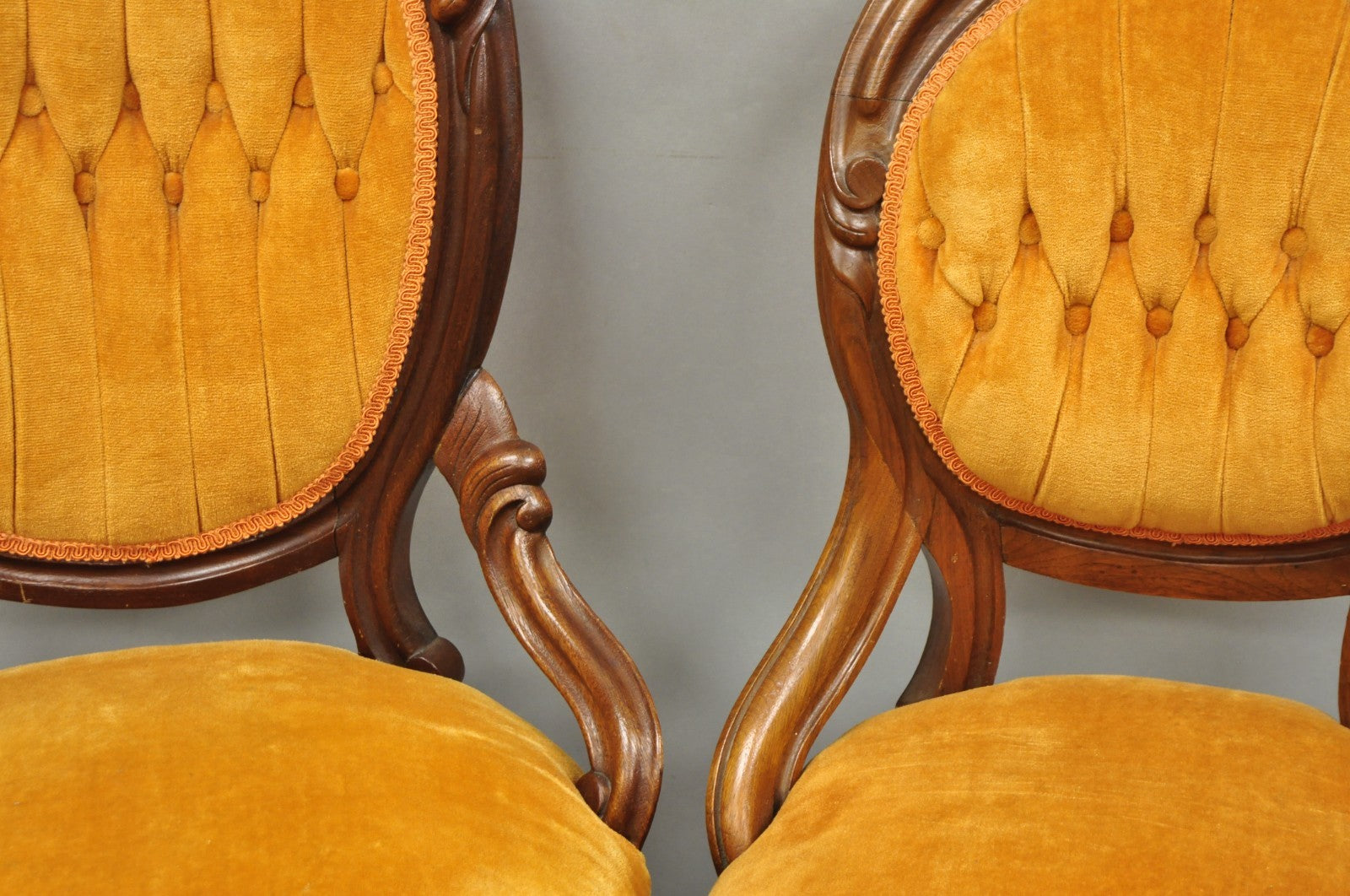 Antique Eastlake Victorian Carved Walnut Orange Parlor Side Chairs - a Pair