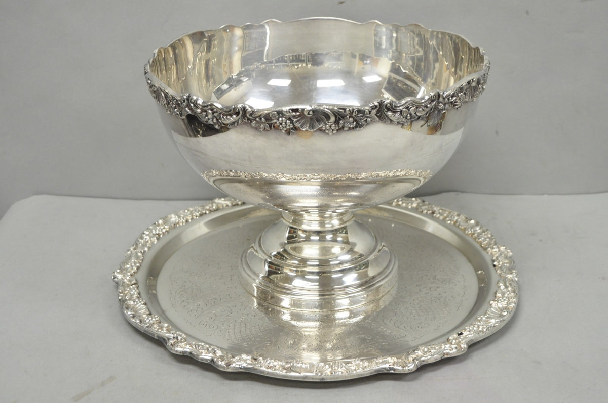 Vintage FB Rogers 5614 Victorian Silver Plated Punchbowl w/ Round Tray, 2 Pc Set