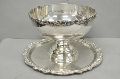 Vintage FB Rogers 5614 Victorian Silver Plated Punchbowl w/ Round Tray, 2 Pc Set