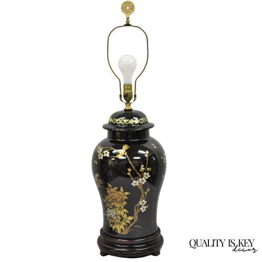 Vintage Chinoiserie Oriental Chinese Black Porcelain Large Ginger Jar Table Lamp