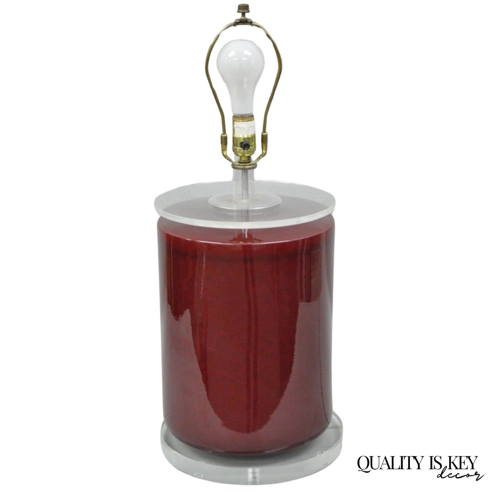 Vintage Mid Century Modern Red Ceramic Cylinder & Lucite Modernist Table Lamp