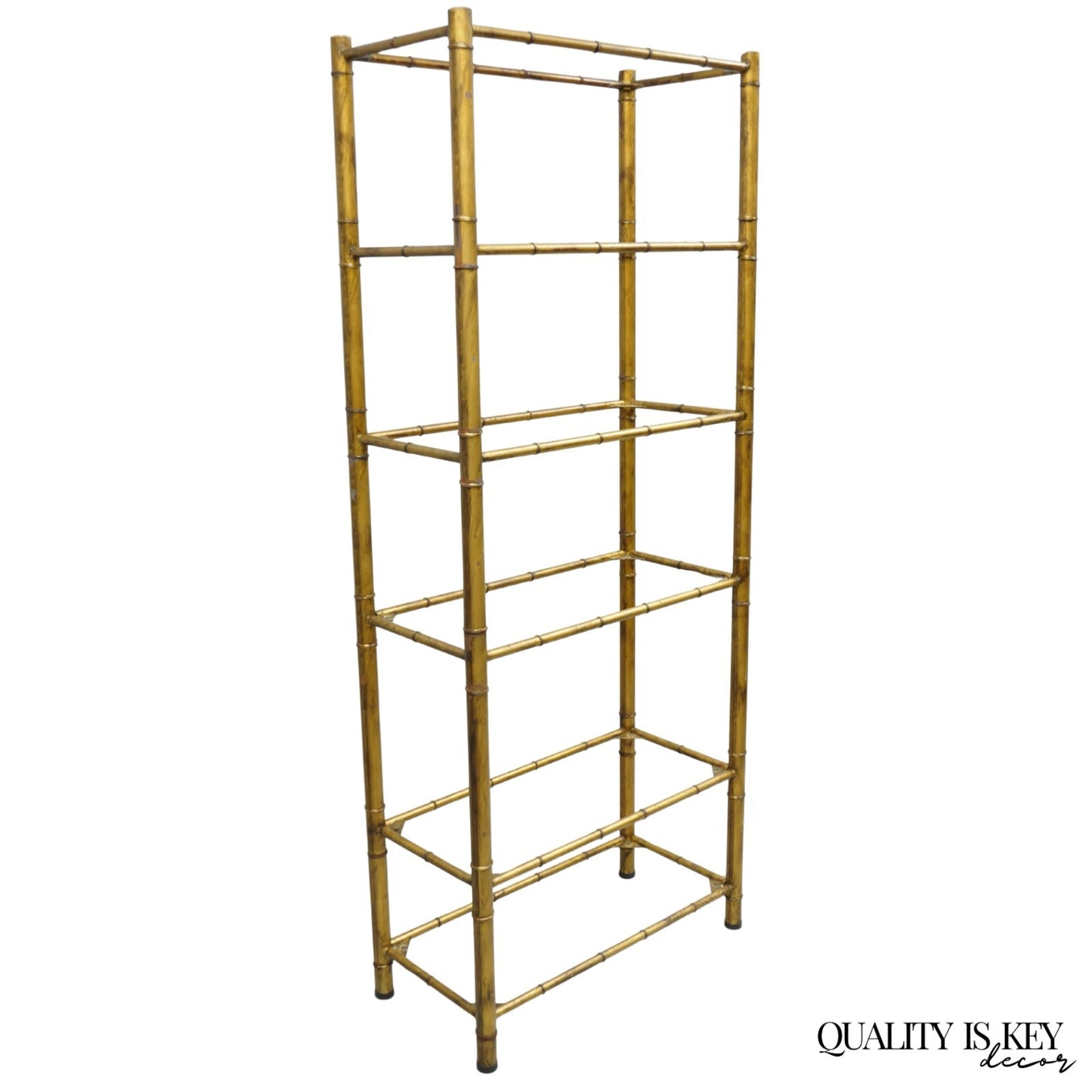 Vintage Hollywood Regency Gold Gilt Iron Metal Faux Bamboo Etagere Bookcase