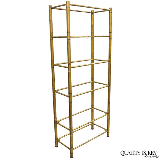 Vintage Hollywood Regency Gold Gilt Iron Metal Faux Bamboo Etagere Bookcase