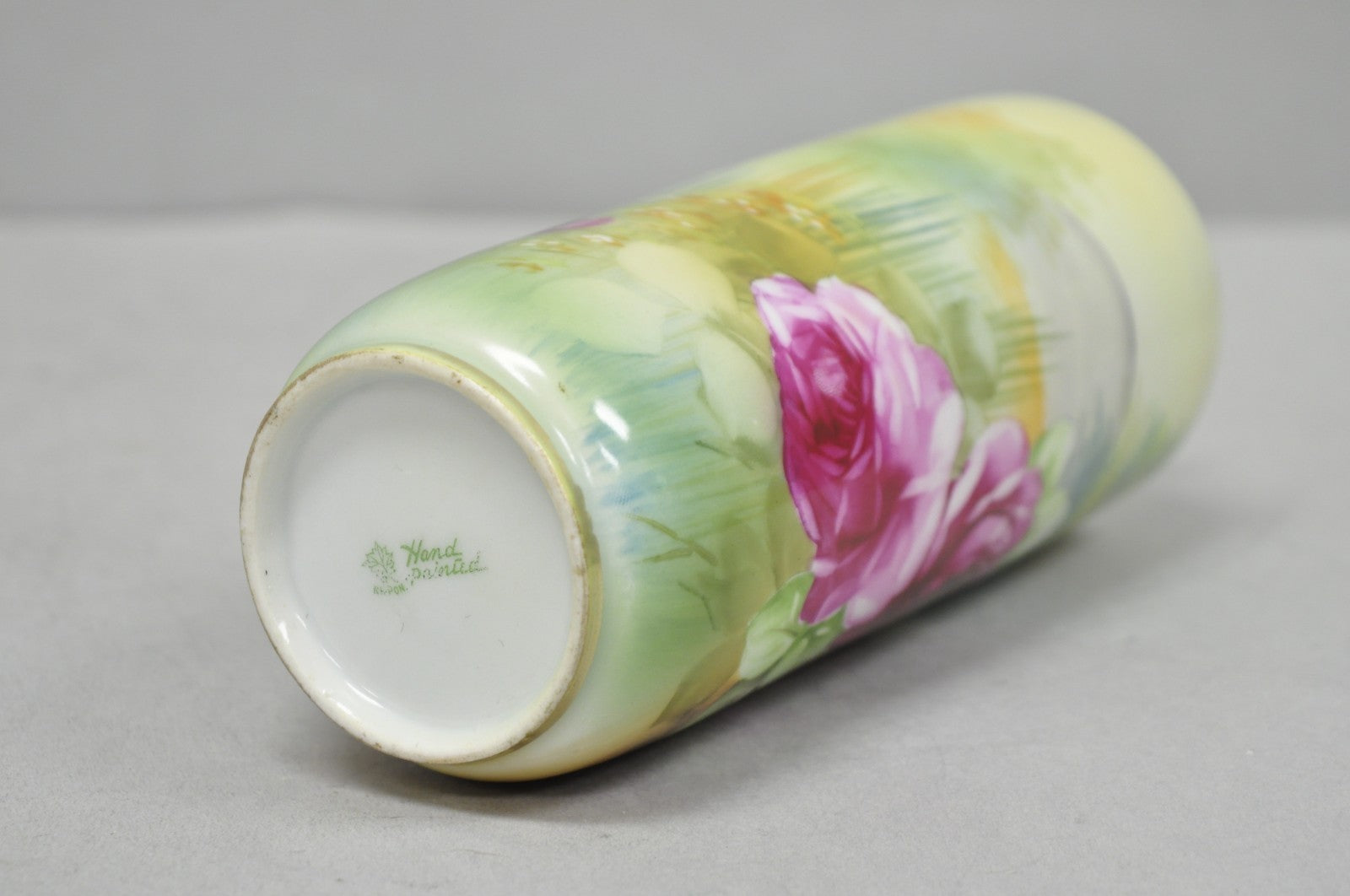 Antique Nippon Hand Painted Pink Rose & Lake Scene Small Porcelain Cylinder Vase