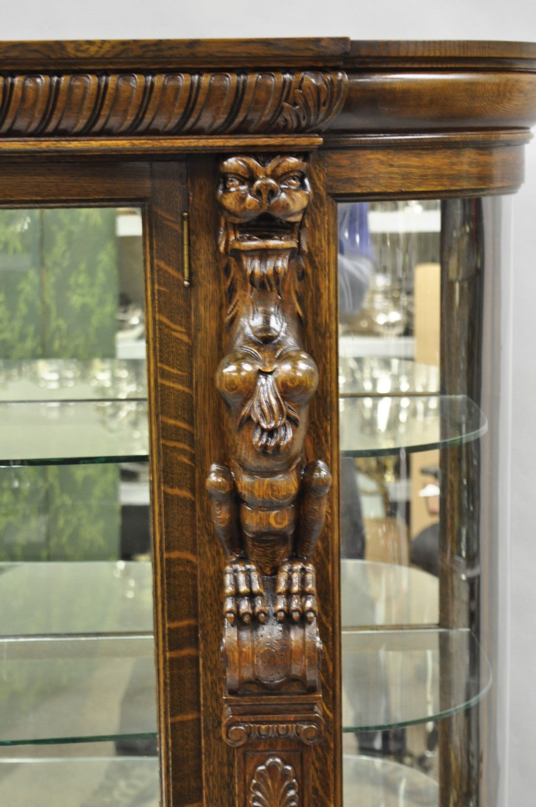 Antique American Empire Tiger Oak Curved Glass China Cabinet w/ Carved Griffins