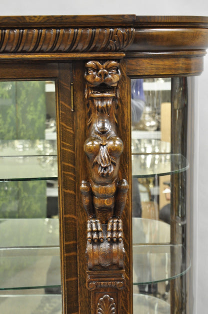 Antique American Empire Tiger Oak Curved Glass China Cabinet w/ Carved Griffins
