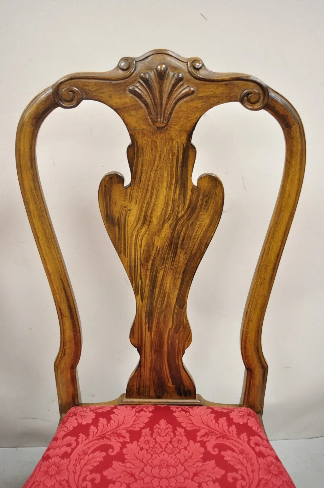 Vintage English Queen Anne Shell Carved Solid Wood Dining Side Chairs - Set of 8