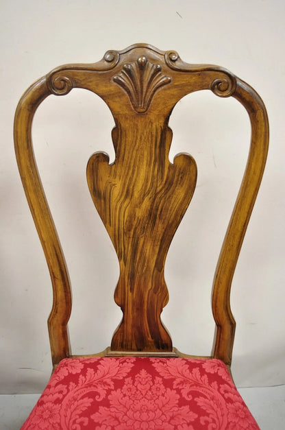 Vintage English Queen Anne Shell Carved Solid Wood Dining Side Chairs - Set of 8