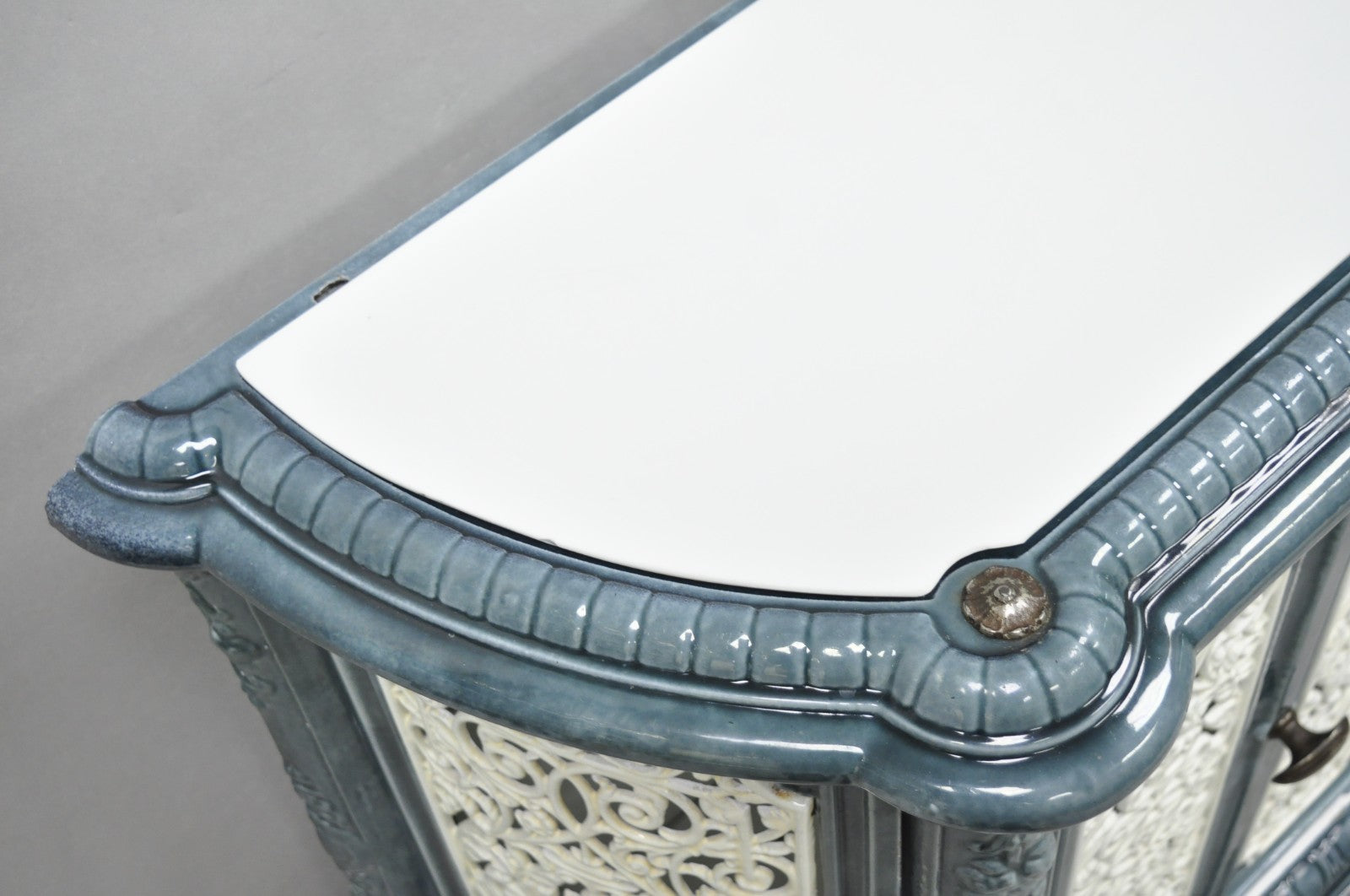 Antique French Victorian Blue White Porcelain Enamel Cast Iron Radiator Cover