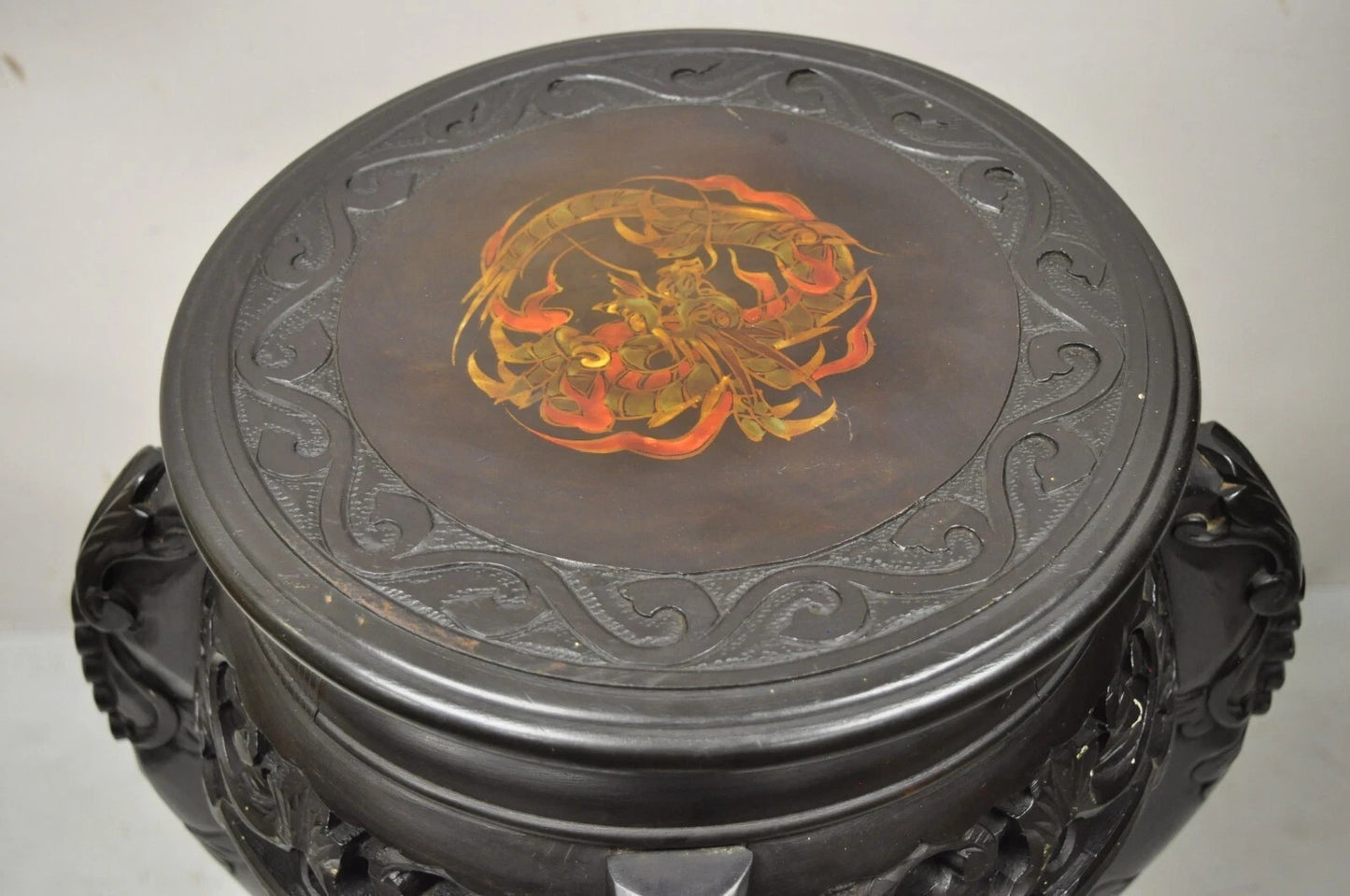 Japanese Carved Wood Black Ebonized 28" Plant Stand Lacquer Top Side Table