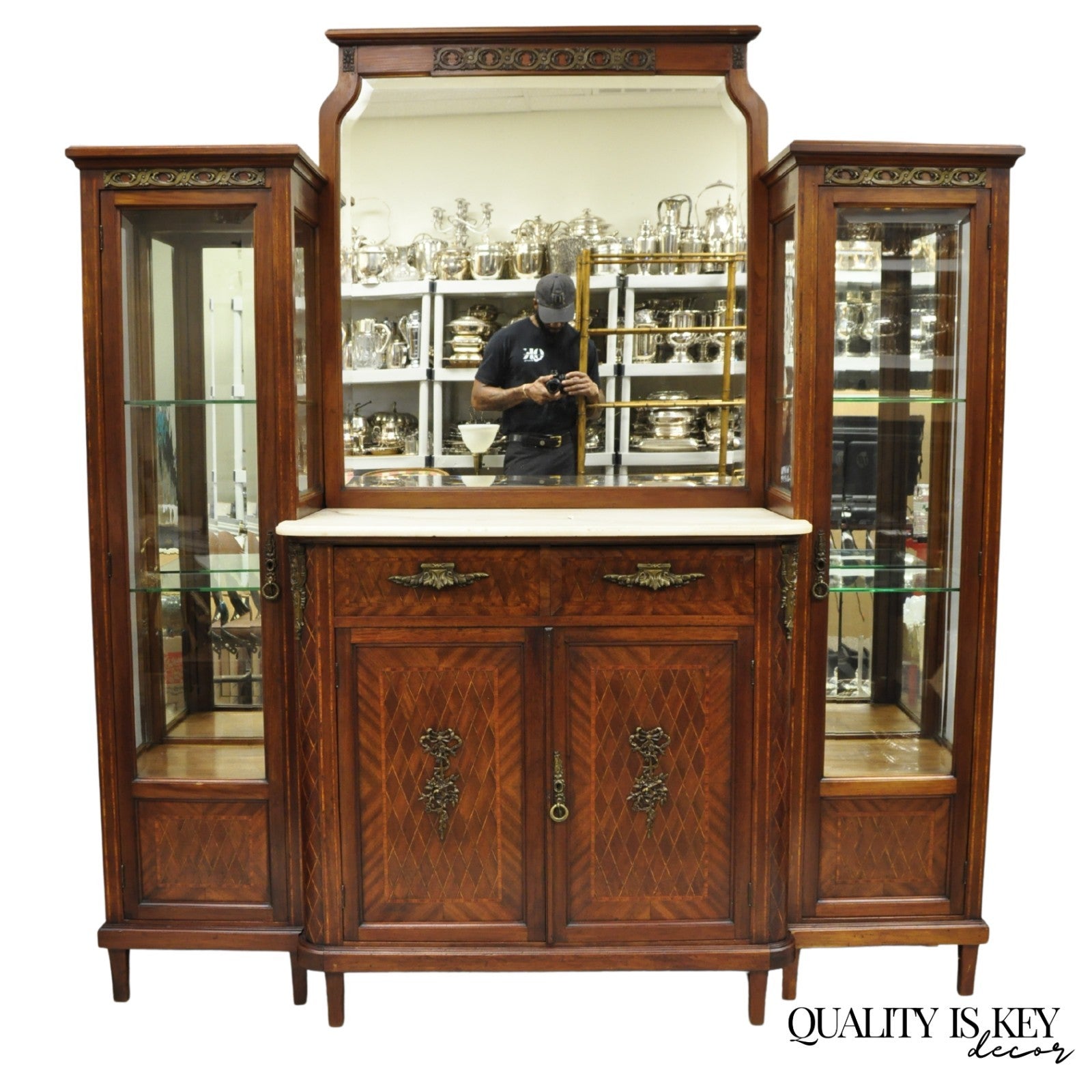 Antique French Louis XVI Style Marquetry Inlay Sideboard Buffet Curio Cabinet